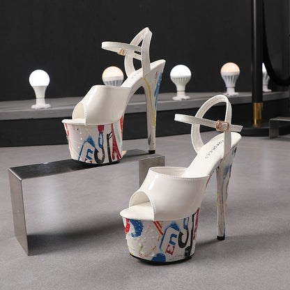 17CM Summer Shoes Women luxury Sandals Platform Ladies Shoes Stripper Womens High Heels Geometric Fluorescent Night light Heels