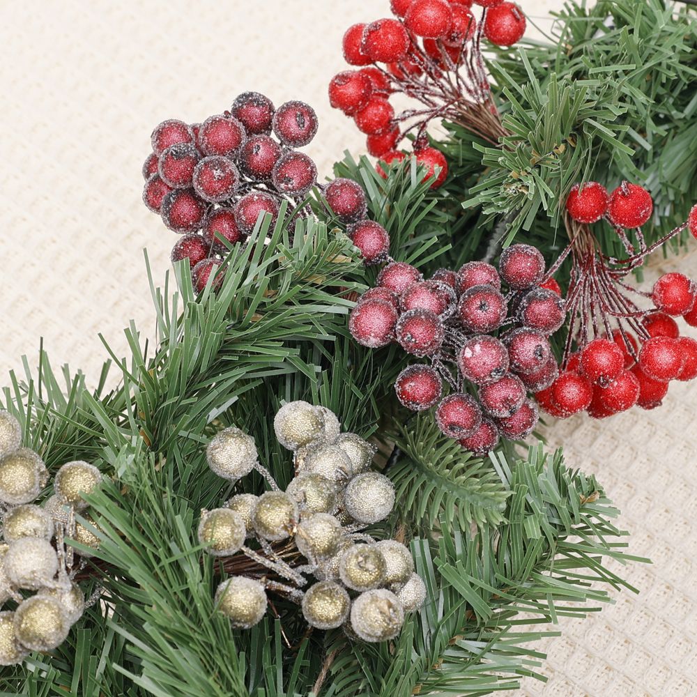 Wholesale Artificial Frosted Berry Mini Double Head Christmas Holly Red Gold Silver Berries Flowers Wreath Xmas Party Decoration