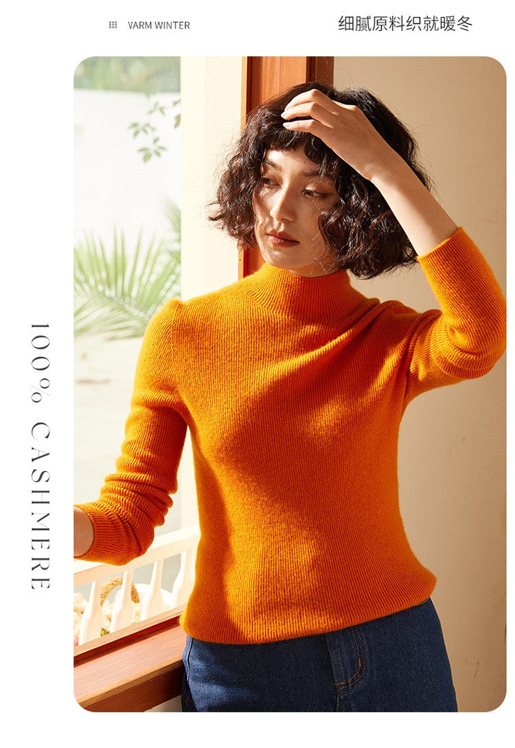Autumn and winter new women's 100% pure cashmere semi high neck pullover sweater knitted slim fit hot selling women's top