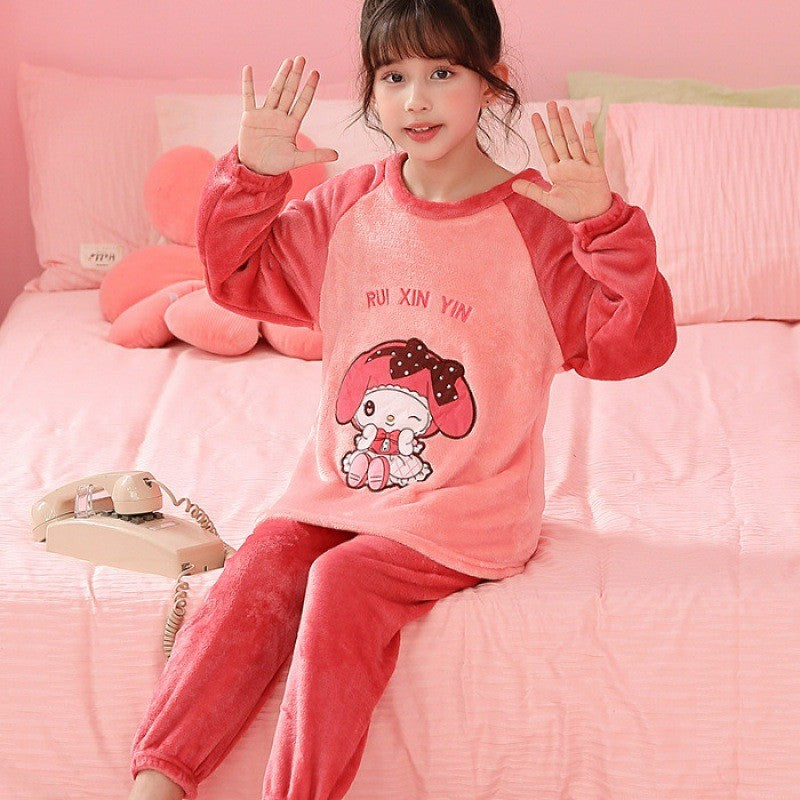 Sanrio Kawaii Kuromi Cinnamoroll Kids Winter Pajamas Set Children's Sleepwear Warm Flannel Homewear for Girls Anime-Inspired