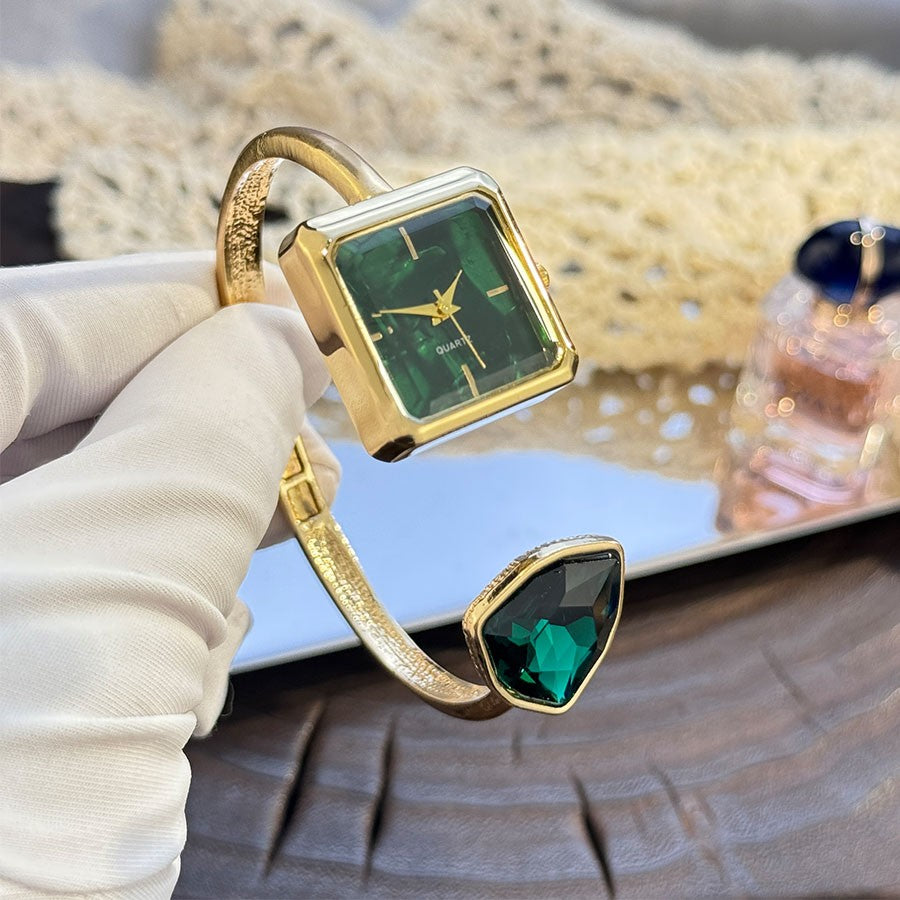 New Ladies Open Bracelet Watch Assorted Shaped Diamond Color Gemstone High-End Quartz Wristwatch Lazy Person's Stylish Timepiece