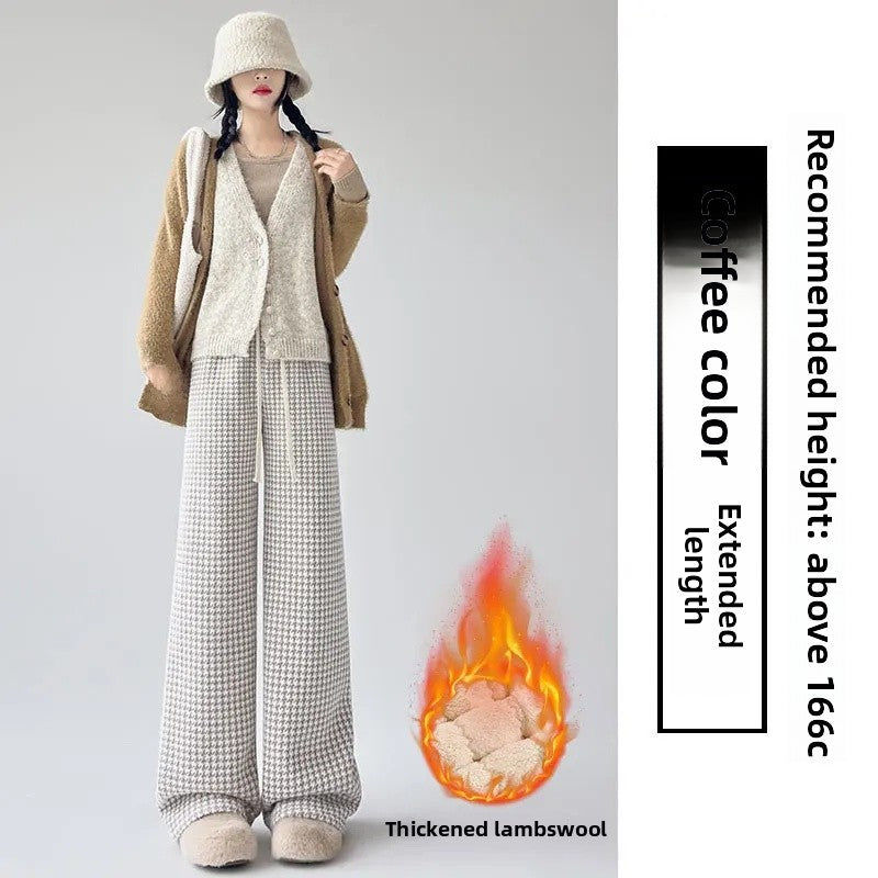 High Waist Wide Leg Pants Women's Autumn Winter New Style Lazy Casual Fleece Woolen Plaid Trousers Fashionable Comfortable