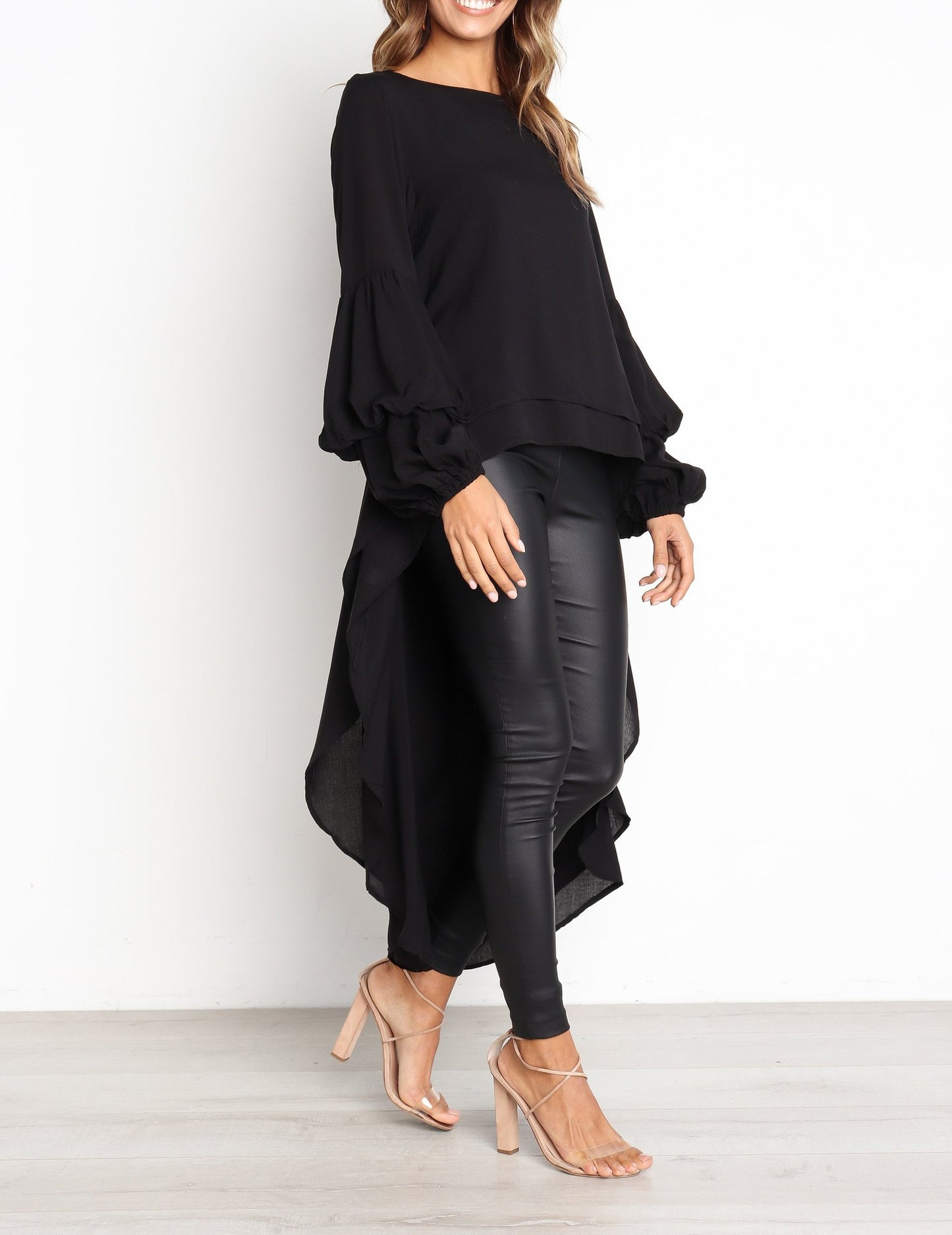 Elegant Solid Color Chiffon Shirts Women O Neck Lantern Sleeves Irregular Long Blouses Tops Temperament Lady Commuting Clothing