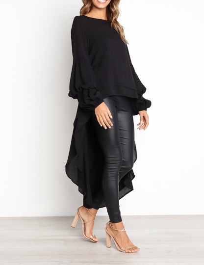 Elegant Solid Color Chiffon Shirts Women O Neck Lantern Sleeves Irregular Long Blouses Tops Temperament Lady Commuting Clothing