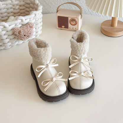Girls Padded Fashion Leather Boots 2-18 Years Old Thickened Bow Hairy Girls Cotton Shoes Winter Beige Soft Non-slip Kids Boots