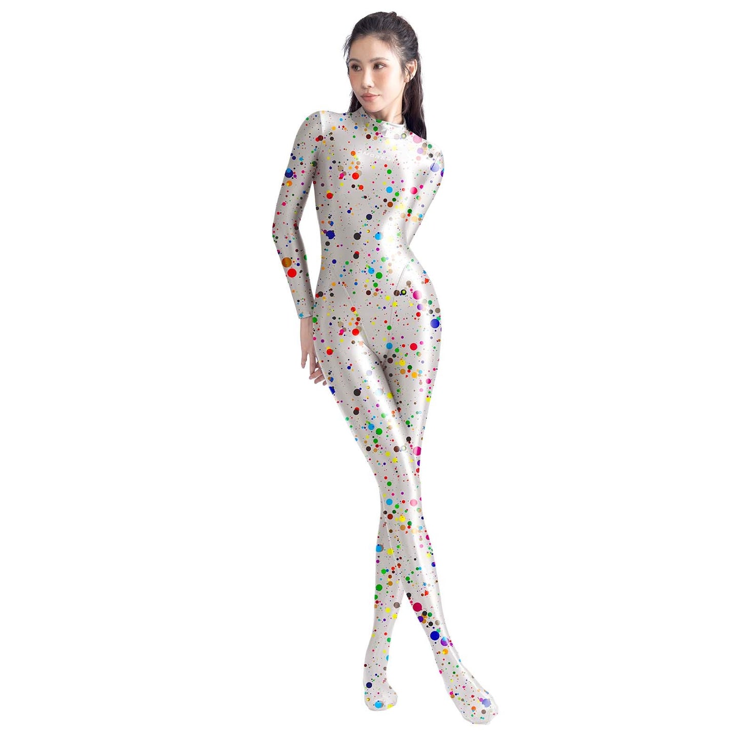 AMORESY Satin Glossy tights colourful Glossy bodysuit Silk Smooth Long sleeved zipper full body suit