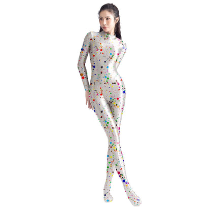 AMORESY Satin Glossy tights colourful Glossy bodysuit Silk Smooth Long sleeved zipper full body suit
