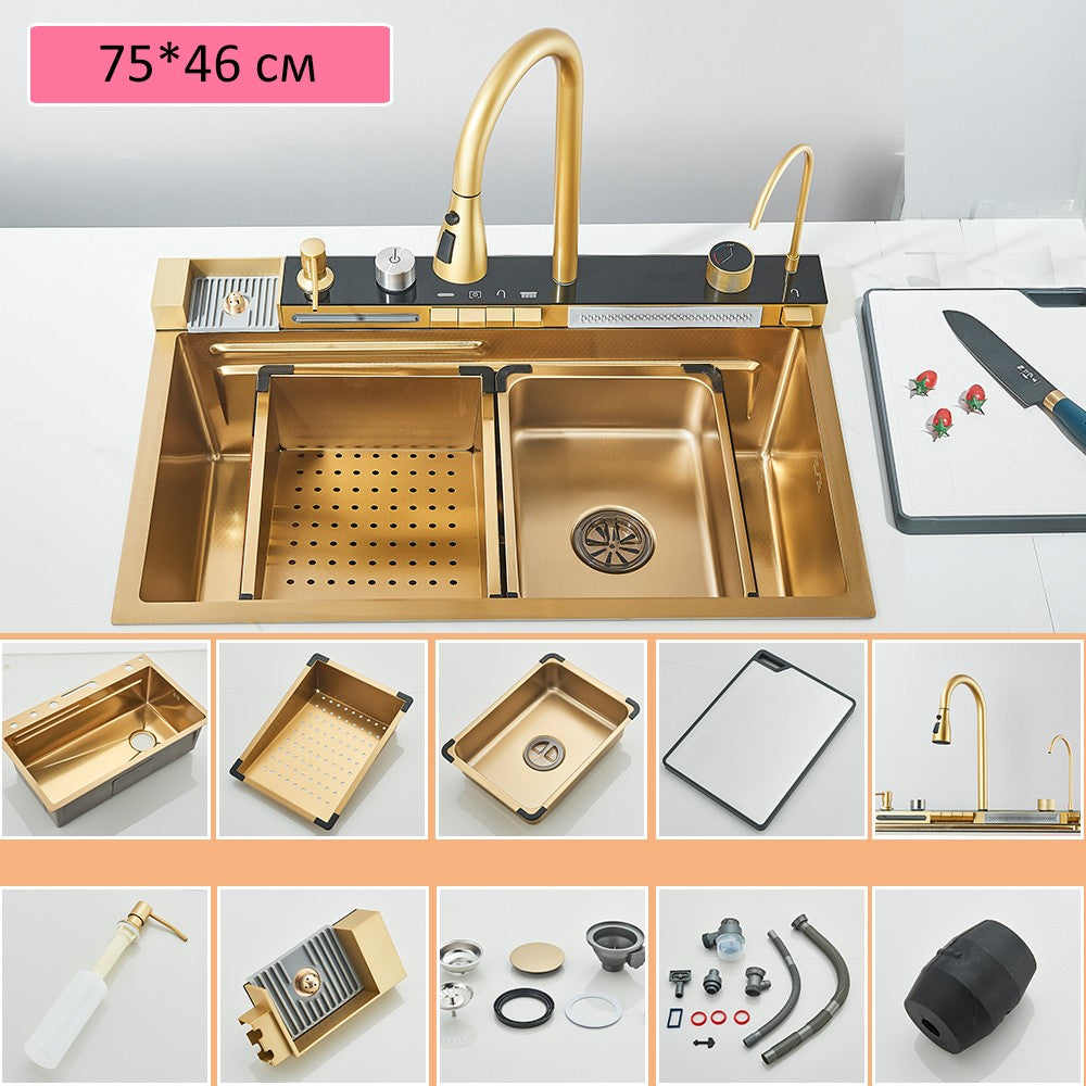 Large 304 Kitchen Sinks 75x45cm Stainless Steel Kitchen Waterfall Sink Digital Display Large Single Sink Dish Washer Faucet