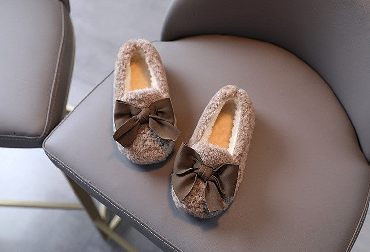 Girls Winter Shoes Cotton-padded Warm Cotton Fur Fluffy Children Flats Kids Loafers Slip-on Princess Sweet Anti-slippery Bowtie