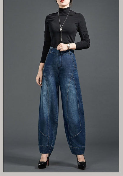 Autumn Winter High Waisted Women Jeans Casual Loose Embroidery Bloomers Trousers Female Fashion Wide Leg Denim Pants Blue