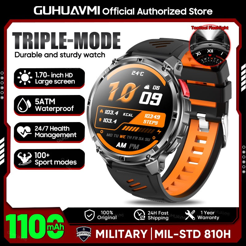 2026 New 1.7-inch Military sports SmartWatch 1100mAh large battery Outdoor compass flashlight 5ATM waterproof BT Call SmartWatch