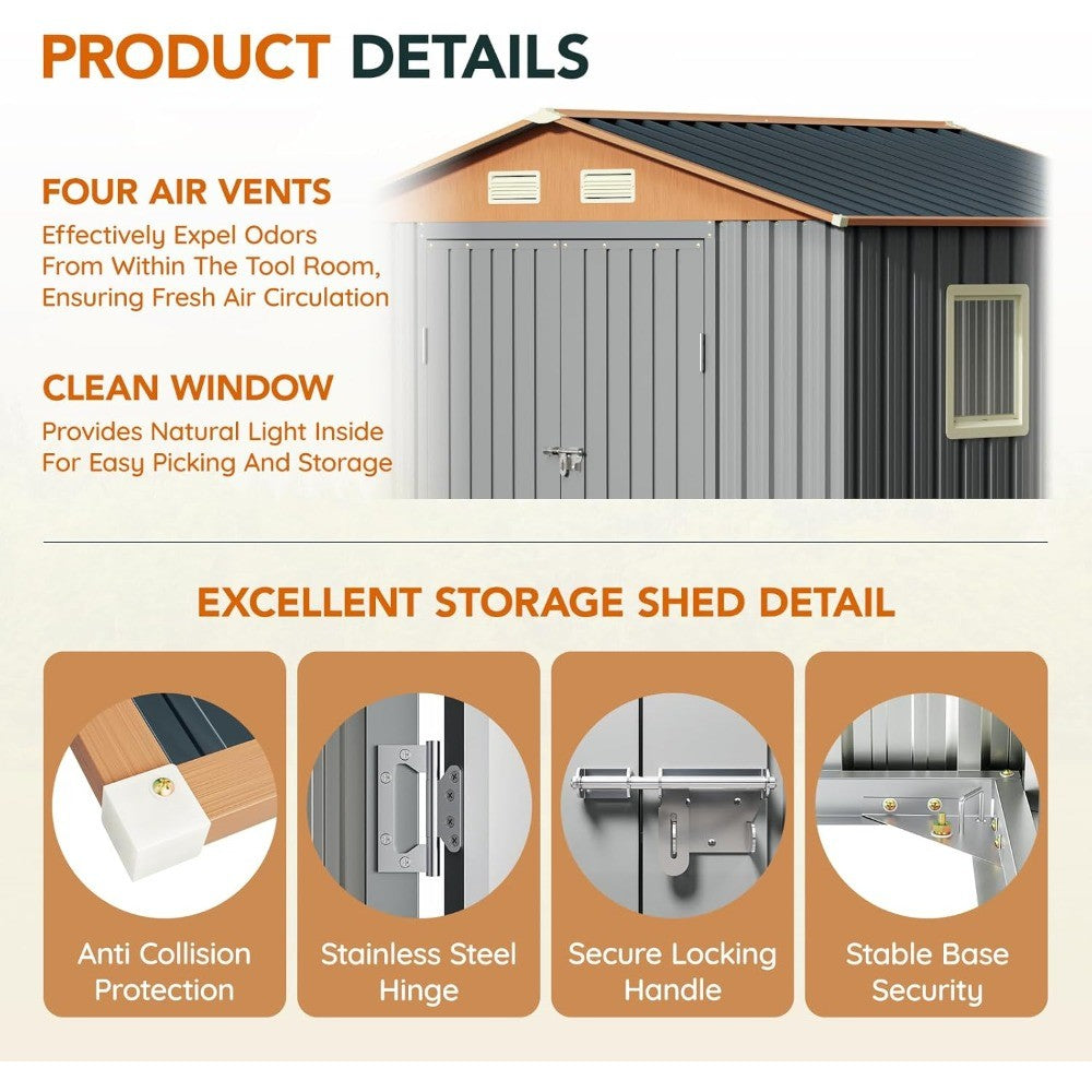 8x6FT Metal Shed & Outdoor Storage Shed, Steel Tool Multi-Used Shed with Vents,Lockable Doors,Window,Compact Tool Shed