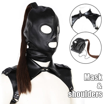 Unisex Latex Hood Mask Sexy Men Women PU Leather Masks Cosplay Flirting Tail Chest Strap Headwear Cosplay Sexy Accessory