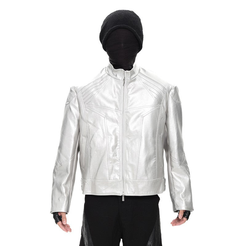 FEWQ Niche Design Men's PU Leather Coats Stand Collar Solid Color Zipper Metal Design Shoulder Pads Male Short Jacket 24K5931