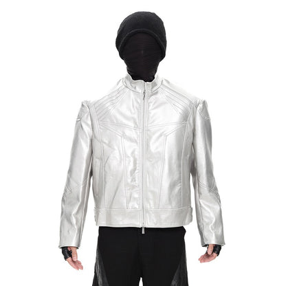 FEWQ Niche Design Men's PU Leather Coats Stand Collar Solid Color Zipper Metal Design Shoulder Pads Male Short Jacket 24K5931