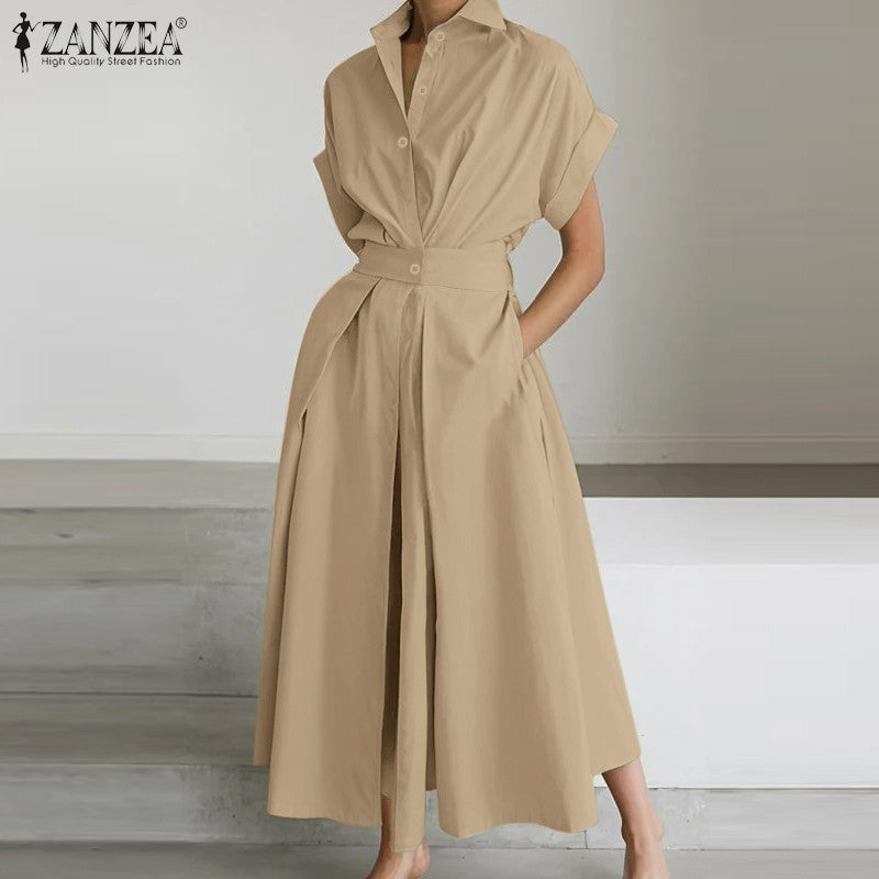 ZANZEA Women Fashion Summer Shirt Dress 2025 Elegant High Waist Short Sleeve Mid