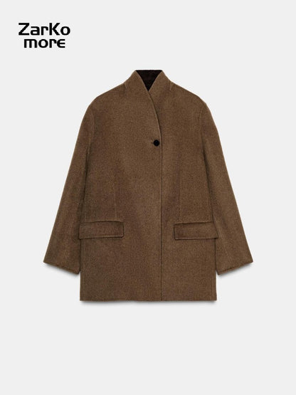 Fashion Brown Wool-blend Coat Women Stand Collar Long Sleeve One Button Pocket Warm Jacket 2025 Autumn Lady Chic Outwears New