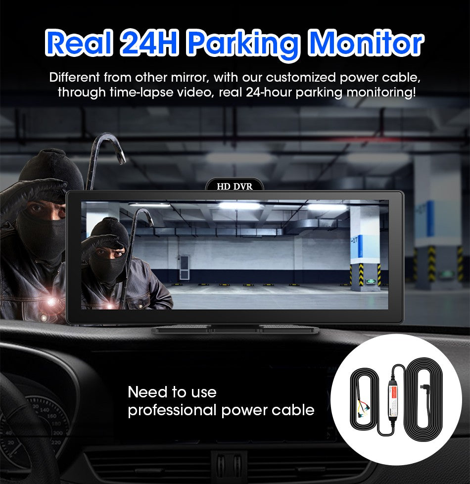Gravador de Vídeo DVR 4K de 10/11,26 Polegadas com CarPlay e Android Auto Sem Fio, Câmera Veicular, Áudio Bluetooth, Navegação GPS e Duas Lentes para Painel
