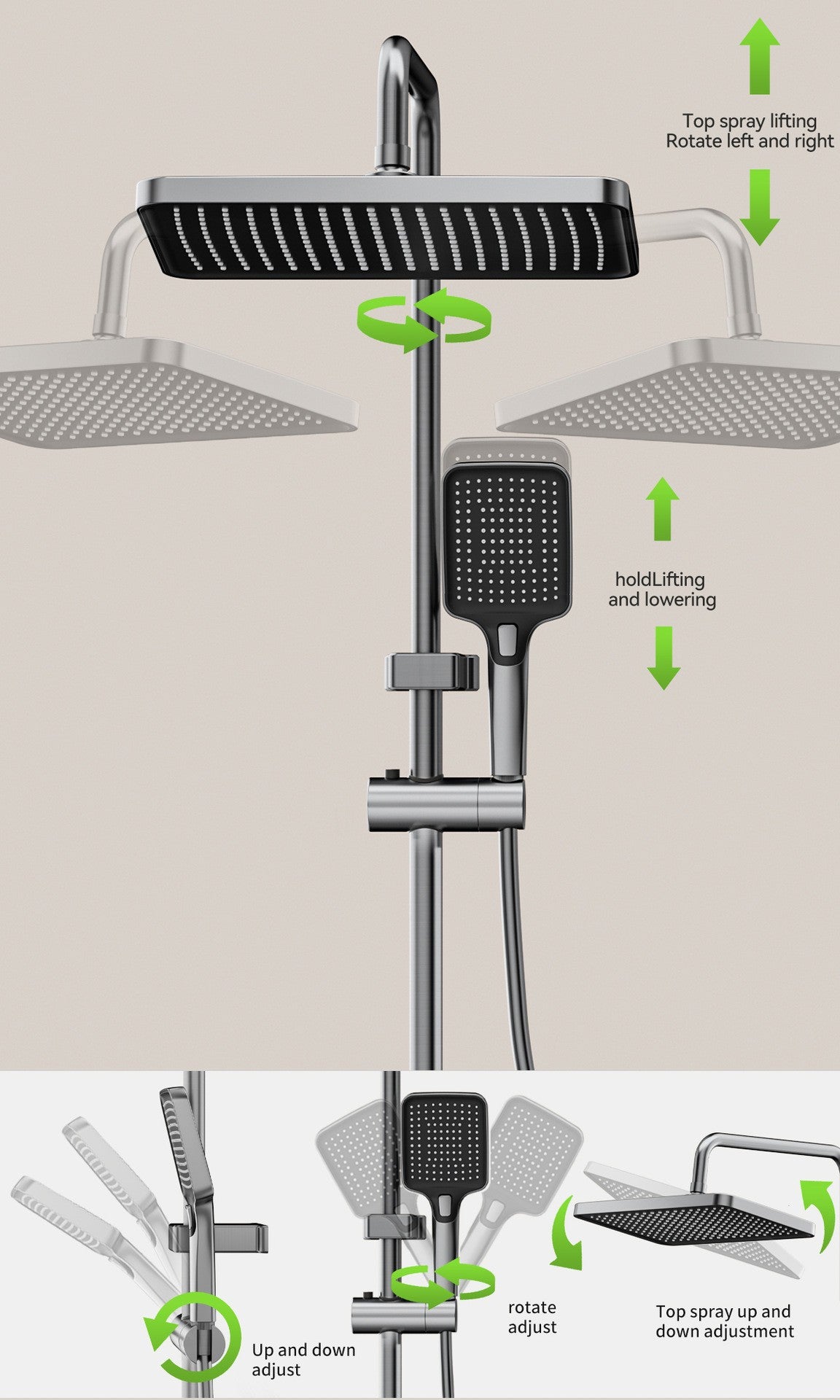Multifunction Bathroom Shower System Set Hot and Cold Water Household Rotary Knob Pressurize Aluminum Gunmetal Gray Shower Set