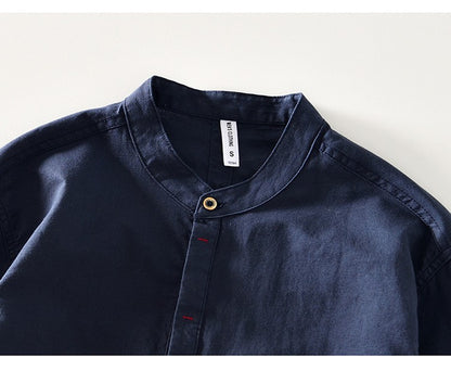 2024 Men's Linen Long-sleeved Shirt with Stand Collar, Youth Casual Loose Men's Cotton and Linen White Shirt.Beach Vacation Top
