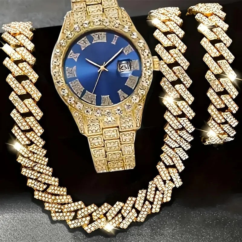 4pcs/set Mens Bling Wrist Watch & Hip Hop Cuban Chain Necklace Set - Rhinestone Accented, Round Dial, Electronic Quartz Movement