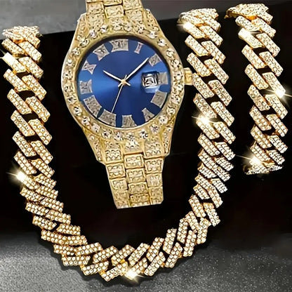 4pcs/set Mens Bling Wrist Watch & Hip Hop Cuban Chain Necklace Set - Rhinestone Accented, Round Dial, Electronic Quartz Movement