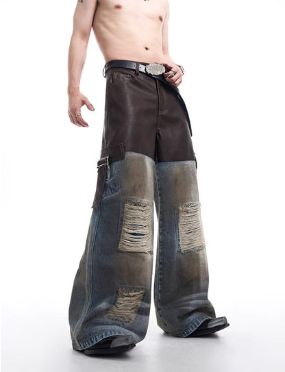 2024 American vintage do old piece-leather destruction denim jacket men fall dirty jacket