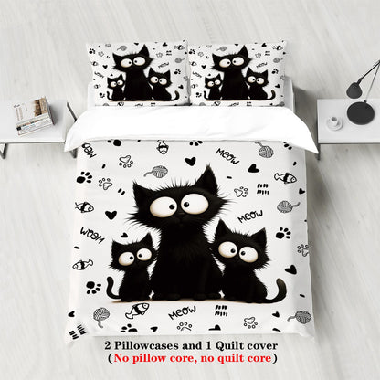 3pc Black Cat Printed Bedding Set with Coreless, Soft and Comfortable Multi Size Machine Washable 1 Duvet Cover+2 Pillowcases