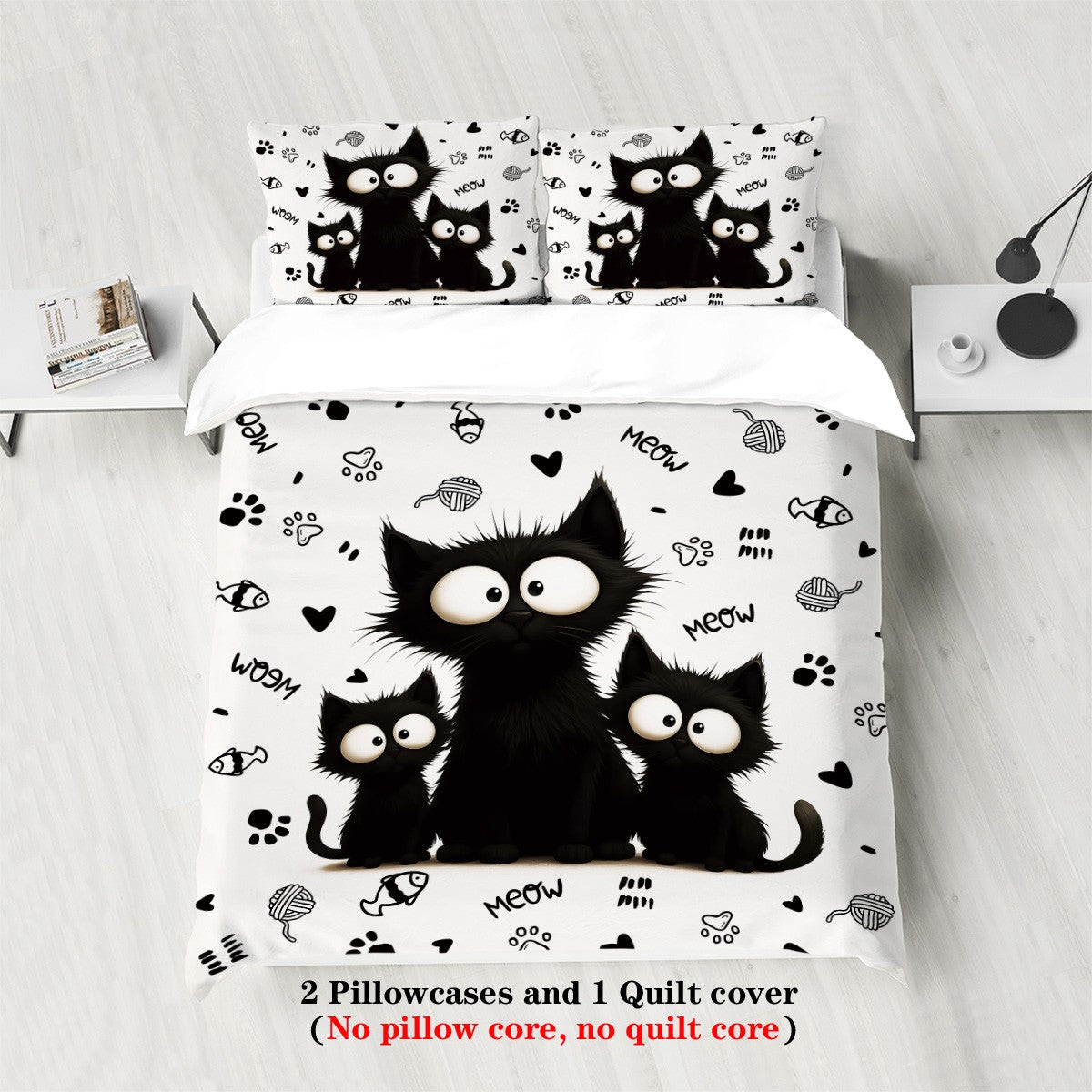 3pc Black Cat Printed Bedding Set with Coreless, Soft and Comfortable Multi Size Machine Washable 1 Duvet Cover+2 Pillowcases