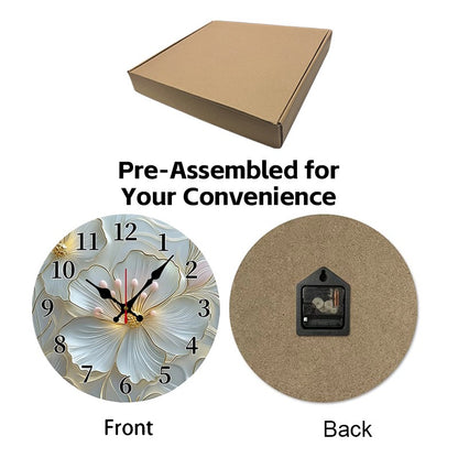 Golden & Pink Floral Wooden Round Silent Hanging Wall Clock, Suitable For Living Room,Office,Study Room, Bedroom,Home Decoration