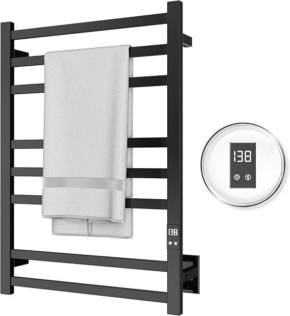 Matte Black 8-Bar Towel Warmer with Quick Heat, Auto Shut-Off and Hardwired or Plug-In Options - Perfect for Warming Towels