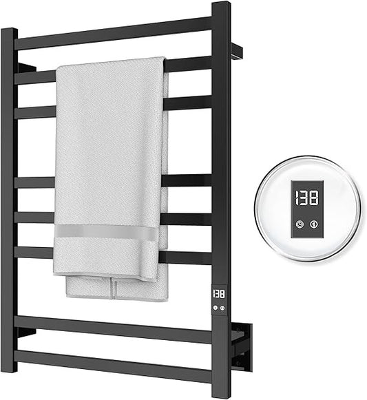 Matte Black 8-Bar Towel Warmer with Quick Heat, Auto Shut-Off and Hardwired or Plug-In Options - Perfect for Warming Towels