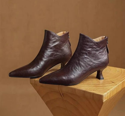 Elegant with Medium Heels Booties Autumn Winter Fleece-Lined Female Short Shoes Pointed Toe Leather Chelsea Women's Ankle Boots