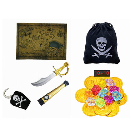 10PC Boys Pirate Costume Set with Skull Print Striped Shirt Pants Halloween Cosplay Outfit and Toy Gift Accessories
