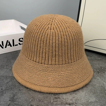 Fashion Autumn Winter Bucket Hat Warm Short Brim Fishing Cap Knitted Face Slimming Fleece Round Top Hat Travel