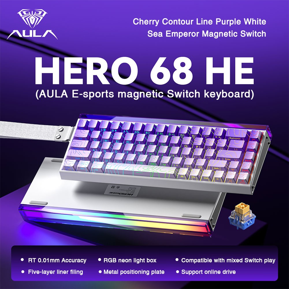 Teclado AULA HERO 68HE com Switch Magnético, Rapid Trigger, 8K de Retorno, Teclado Gamer de Esports, RGB com Fio
