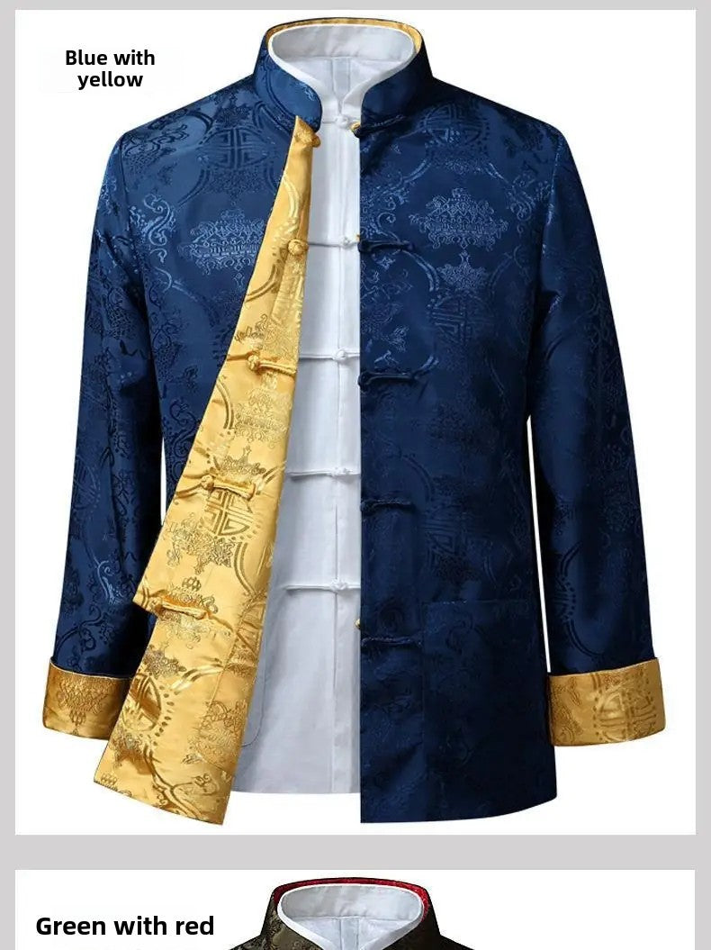 Spring Autumn Double-Sided Wearable Vintage Blazer Jacket Men's Casual Chinese Style Middle-Aged And Elderly Fashion Outerwear