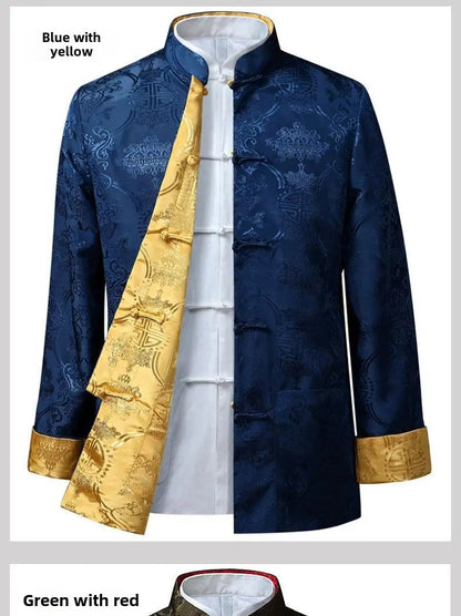 Spring Autumn Double-Sided Wearable Vintage Blazer Jacket Men's Casual Chinese Style Middle-Aged And Elderly Fashion Outerwear