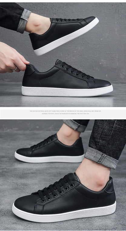 Men's Vulcanized Shoes Casual Low Top Flat Sneakers White Shoes Zapatillas Hombre Chaussure Homme Drop Shipping Leather Black