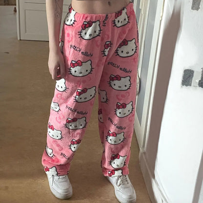 Calças de Pijama Hello Kitty Y2K Calças de Pijama Femininas Sanrio Anime Calças de Dormir para Casal de Desenho Animado Calças de Casa Roupa de Lazer para Casa