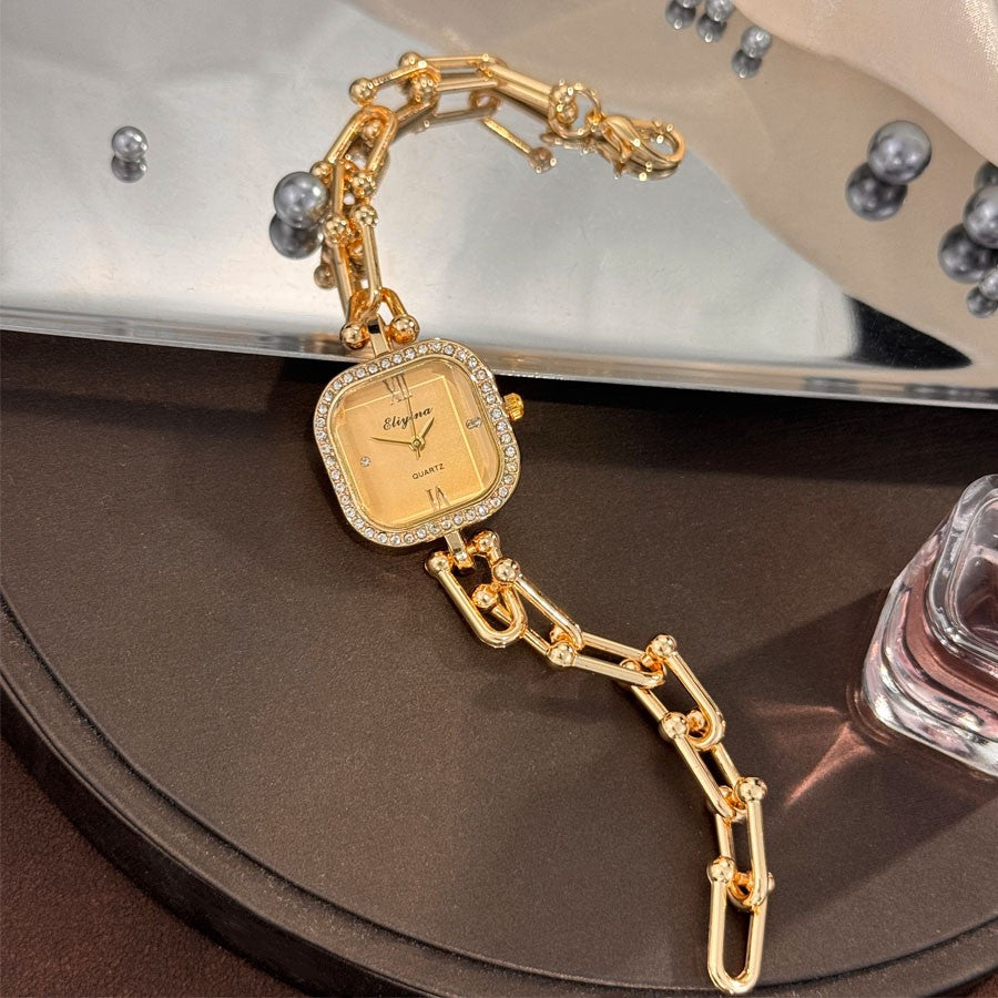 Luxury Minimalist Bracelet Watch Creative Square Multi-Faceted Glass Quartz Movement Chain Mid-century Small High-End Acces