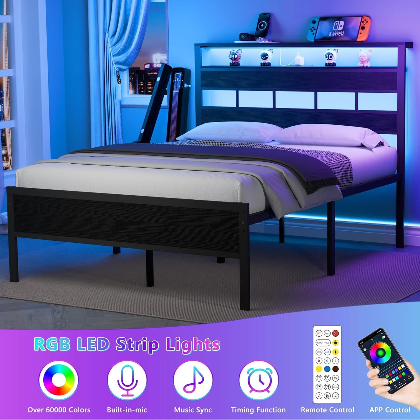 Sleek Full Size Bed Frame with Glowing LED Lights & USB Charging Station | Modern Storage Headboard
