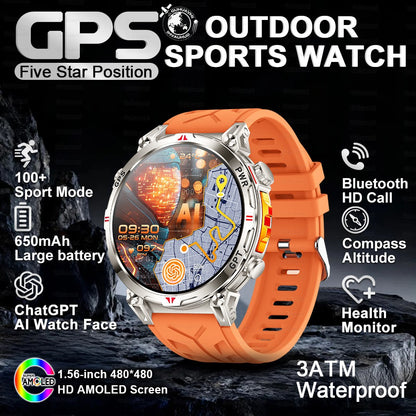 2025 Novo Relógio Inteligente Militar GPS para Exteriores Masculino 650mAh Bússola Altímetro 10ATM à Prova D'água Frequência Cardíaca Chamada Esportiva Smartwatch