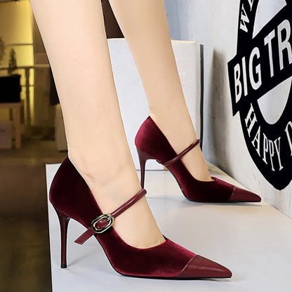 Korean Version Party 10cm 7cm High Heels Women Shoes Thin Heels Velvet Shallow Montage Pointed Toe Metal One-line Buckle Pumps