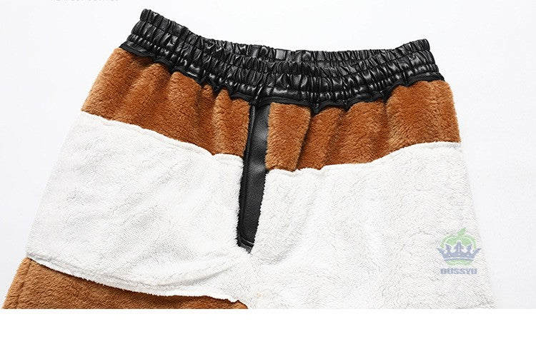 OUSSYU Brand High Quality Winter Outdoors Fleece Warm Pants Men Zippered Pocket Business Straight Flocking PU Trousers Plus Size