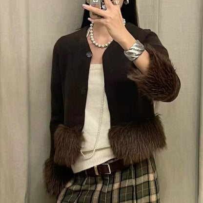 Ladies Coat With Plush Hem Faux Fur Single Breasted Patchwork Knitted Coat Autumn And Winter Daily Fashion Versatile Coat