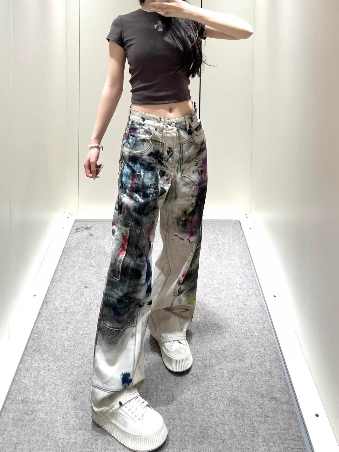 American vintage graffiti 3D printed jeans for women high street Y2K style loose straight-cut casual wide-leg floor-length pants