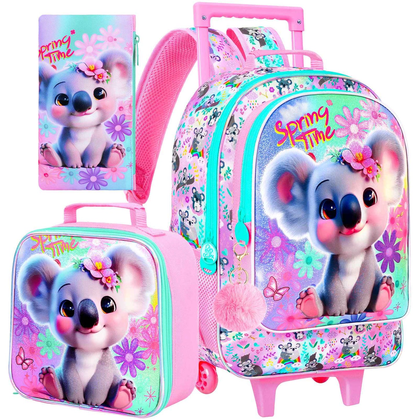 Mochila de Rodinhas 3 Peças para Meninas, Linda Mochila de Rodinhas Infantil de Coala? Mochila Escolar com Rodas para Ensino Fundamental, Pré-escola, Viagem