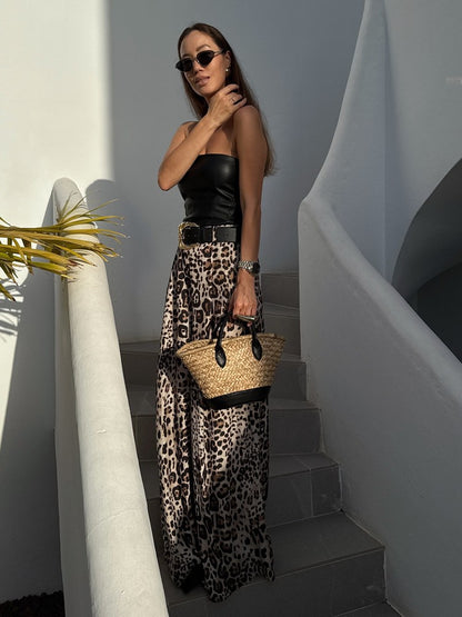 UNIZERA Leopard Satin with Belt High Waisted Trousers Wide Leg Pants Women's Clothing 2025 Summer New Arrivals Casual Pants
