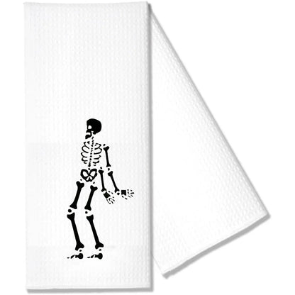 Skeleton Waffle Tea Towel Halloween Spooky Goth Season Kitchen Table Decoration Dancing Skeleton Towel Housewarming Hostess Gift